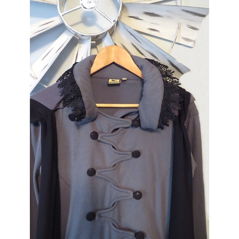 Gothic Style Gray / Black Trim Midi Corst Style Coat Removable Hood Pockets XS - Picture 15 of 16